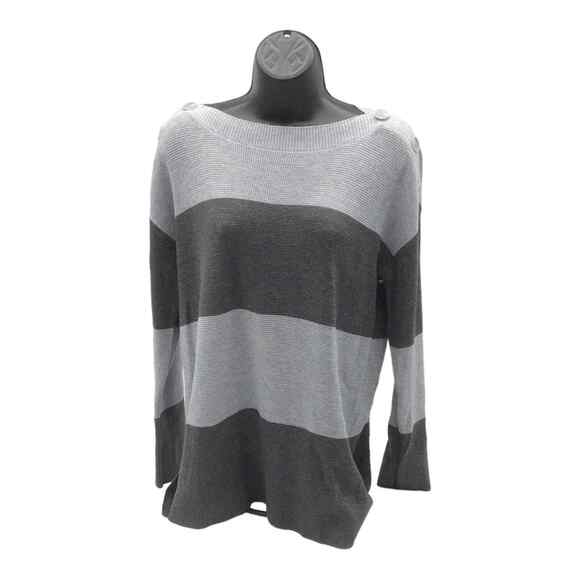 Vince Camuto Women’s Medium Gray Black Stripe Sweater Button Shoulder NWOT - Picture 1 of 15